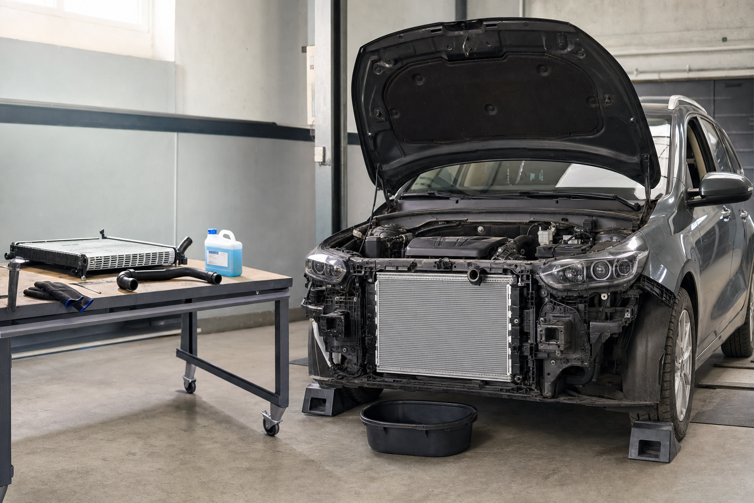 A car undergoing repair in a garage, with the front bumper and radiator removed alongside tools on a workbench.
