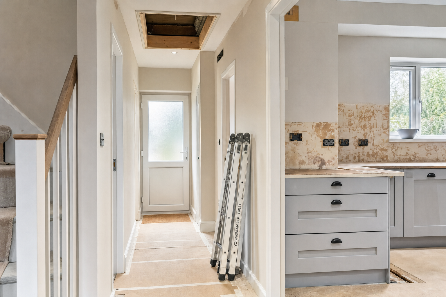 Home interior under renovation with a ladder leaning against the wall and an unfinished kitchen on the right.