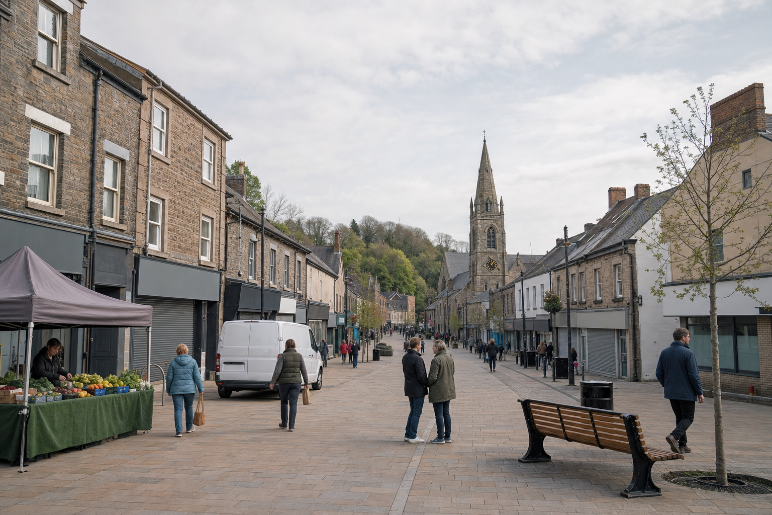 A bustling pedestrian street with market stalls and a prominent church in the background.