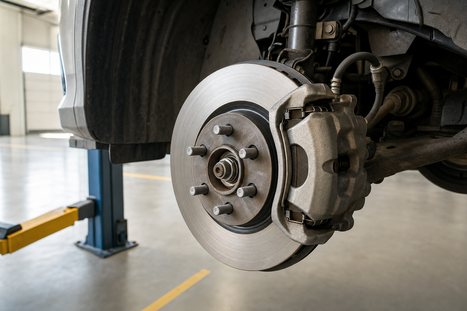 Car brake disc and caliper system on a lift in a garage workshop.