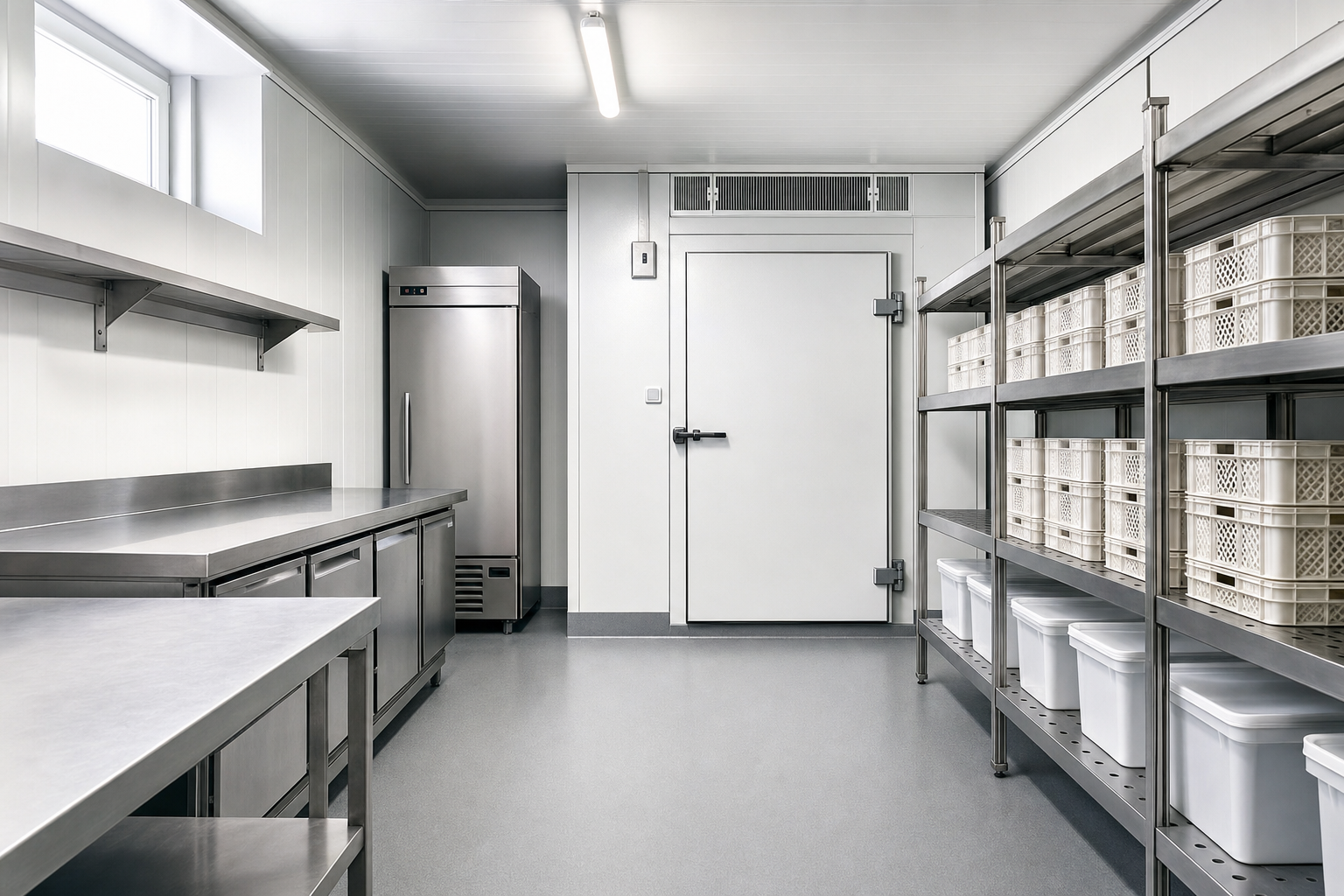 Industrial kitchen with stainless steel counters, a fridge, and shelves stocked with plastic containers.