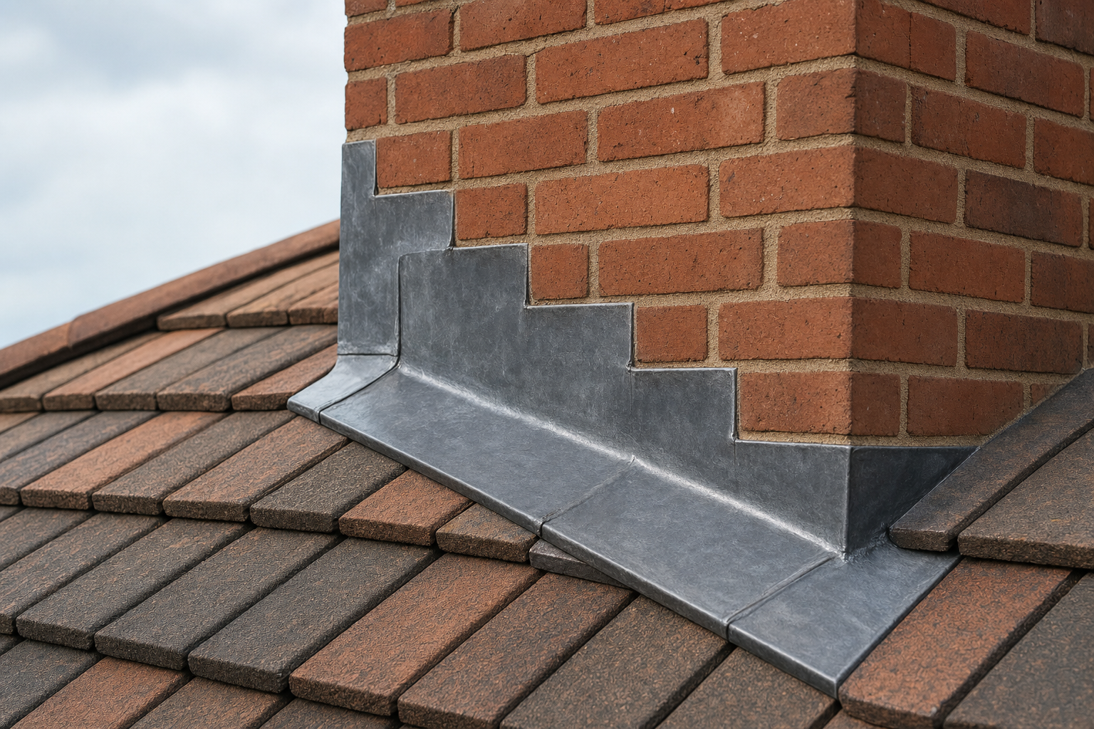 Red brick chimney with lead flashing on a tiled roof under an overcast sky.