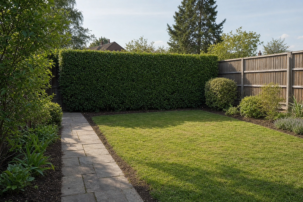 A well-kept garden features a stone path, manicured lawn, and trimmed hedges, bordered by a wooden fence in sunlight.