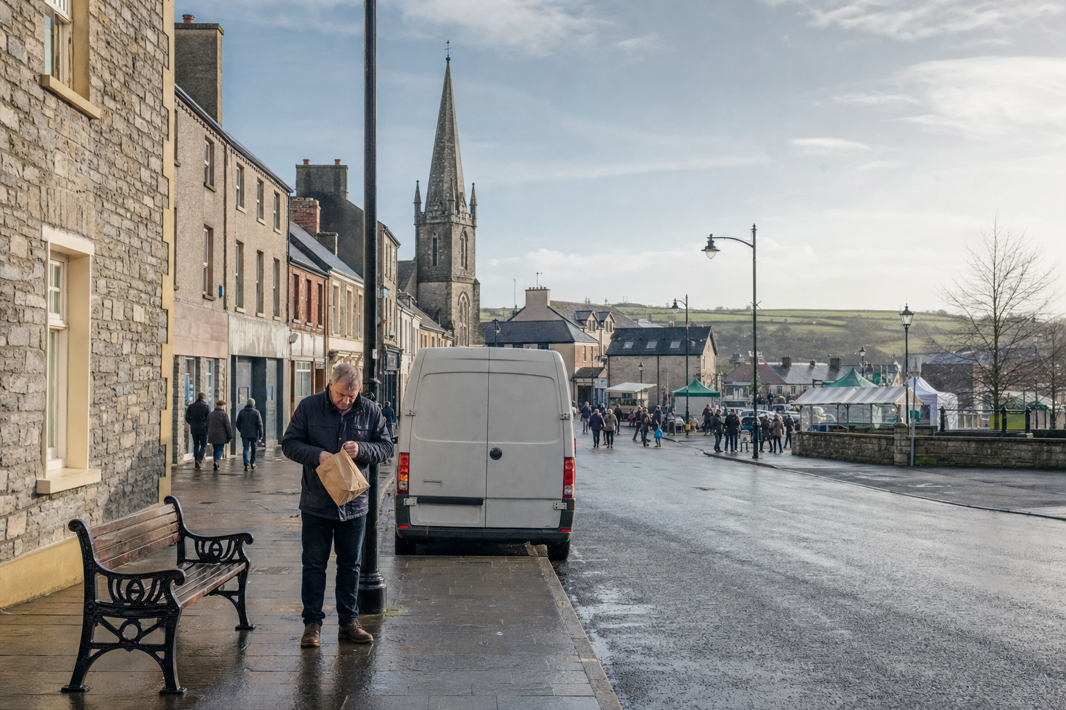 A man stands by a van and bench on a wet street in a town with a church tower in the background.
