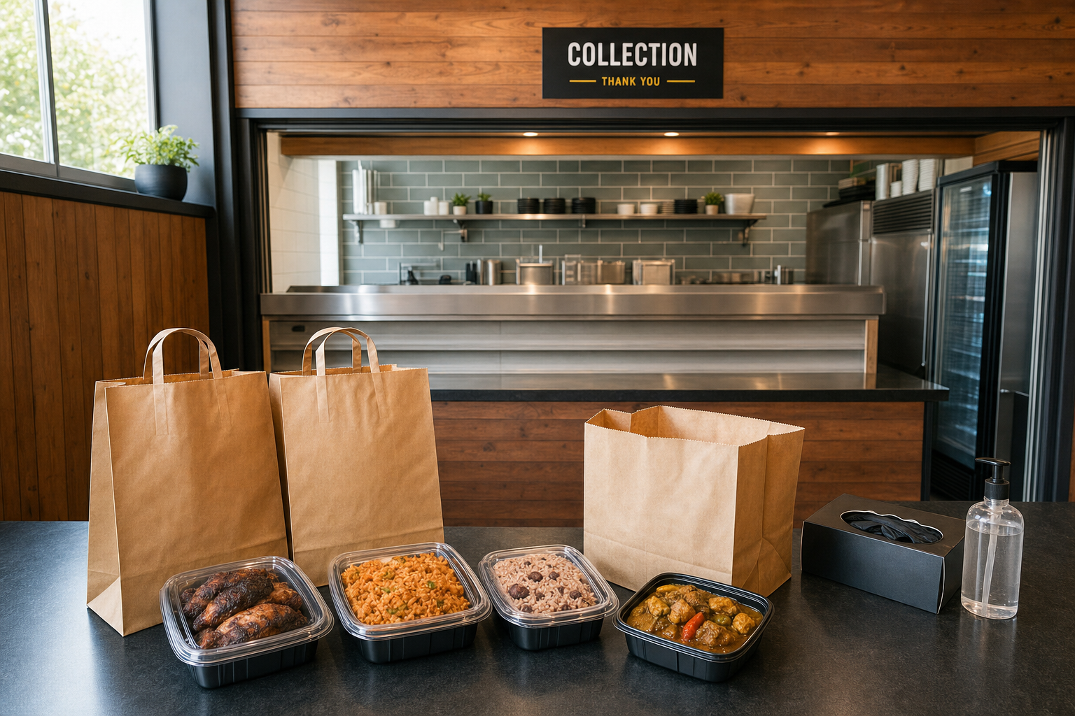 Takeaway meals in containers and paper bags on a counter next to a collection area in a modern kitchen.