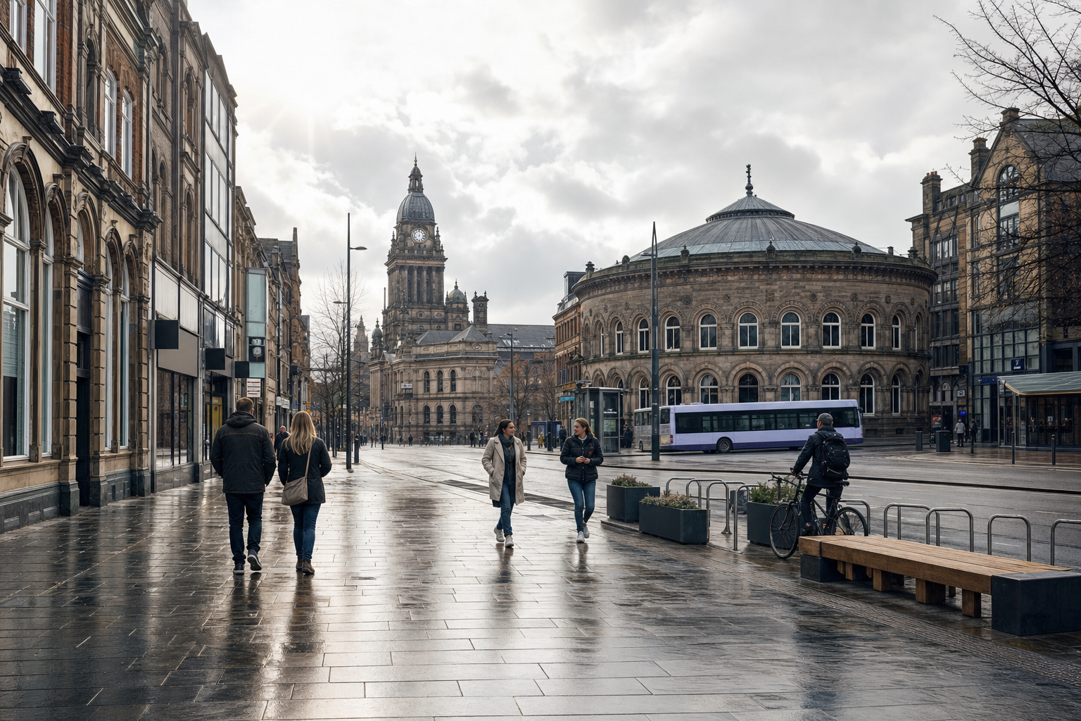 People walking on a wet city street with historic buildings and overcast skies.