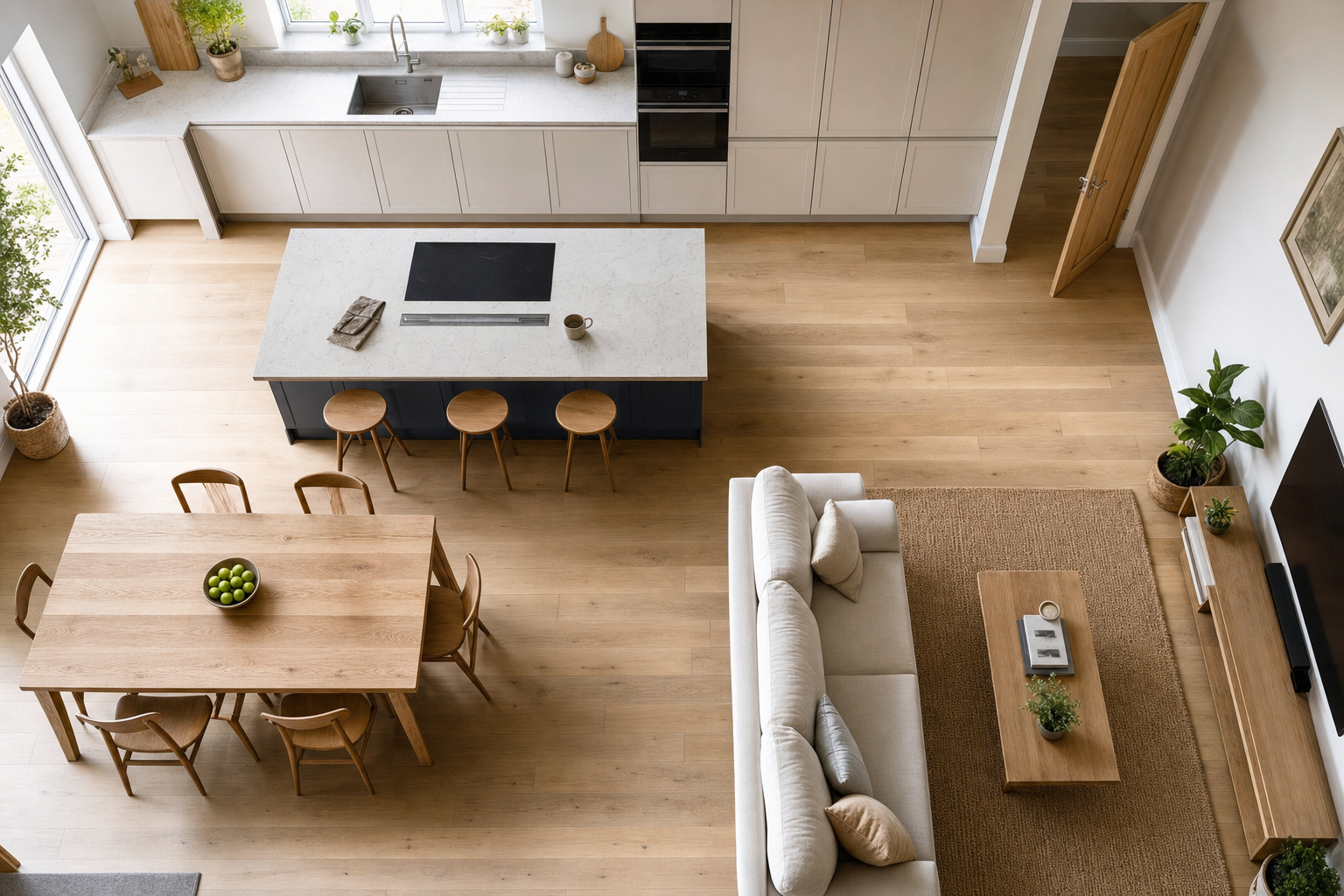 Modern open-plan living room and kitchen with light wood flooring, sleek furniture, and minimalistic décor.