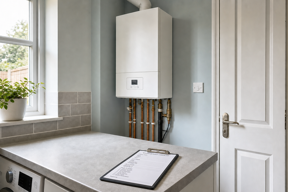 Modern boiler installation in a utility room with a checklist on the countertop.
