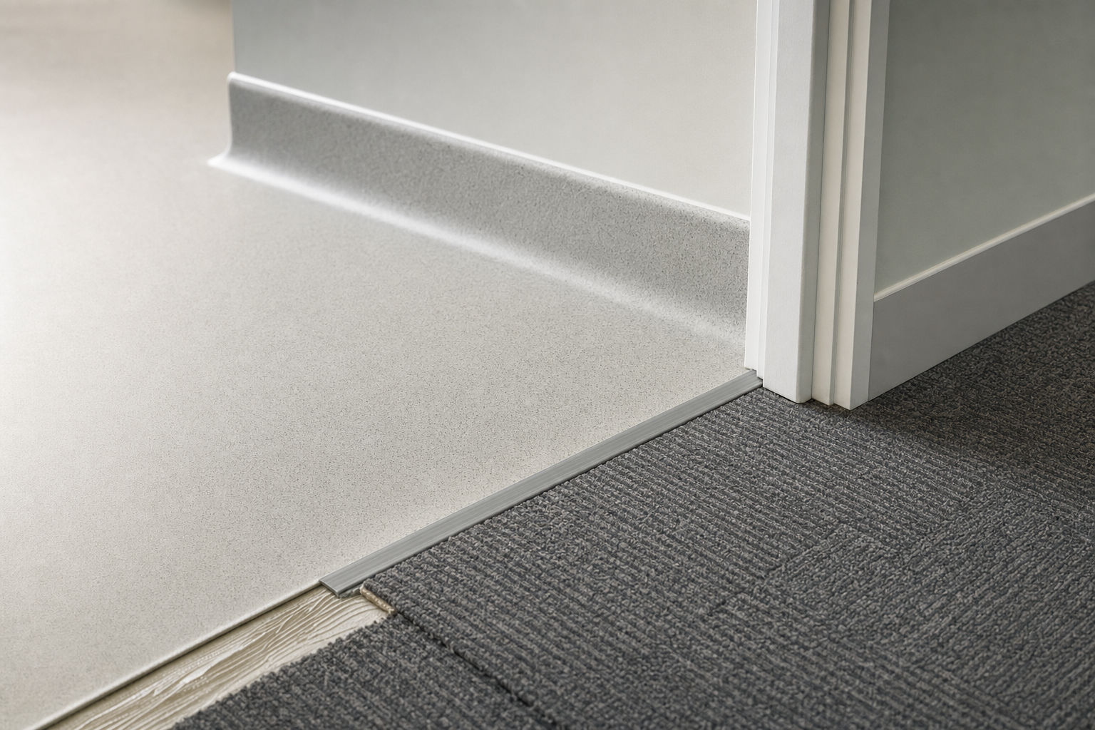 Close-up of a flooring transition between grey carpet tiles and light-coloured vinyl in a doorway.