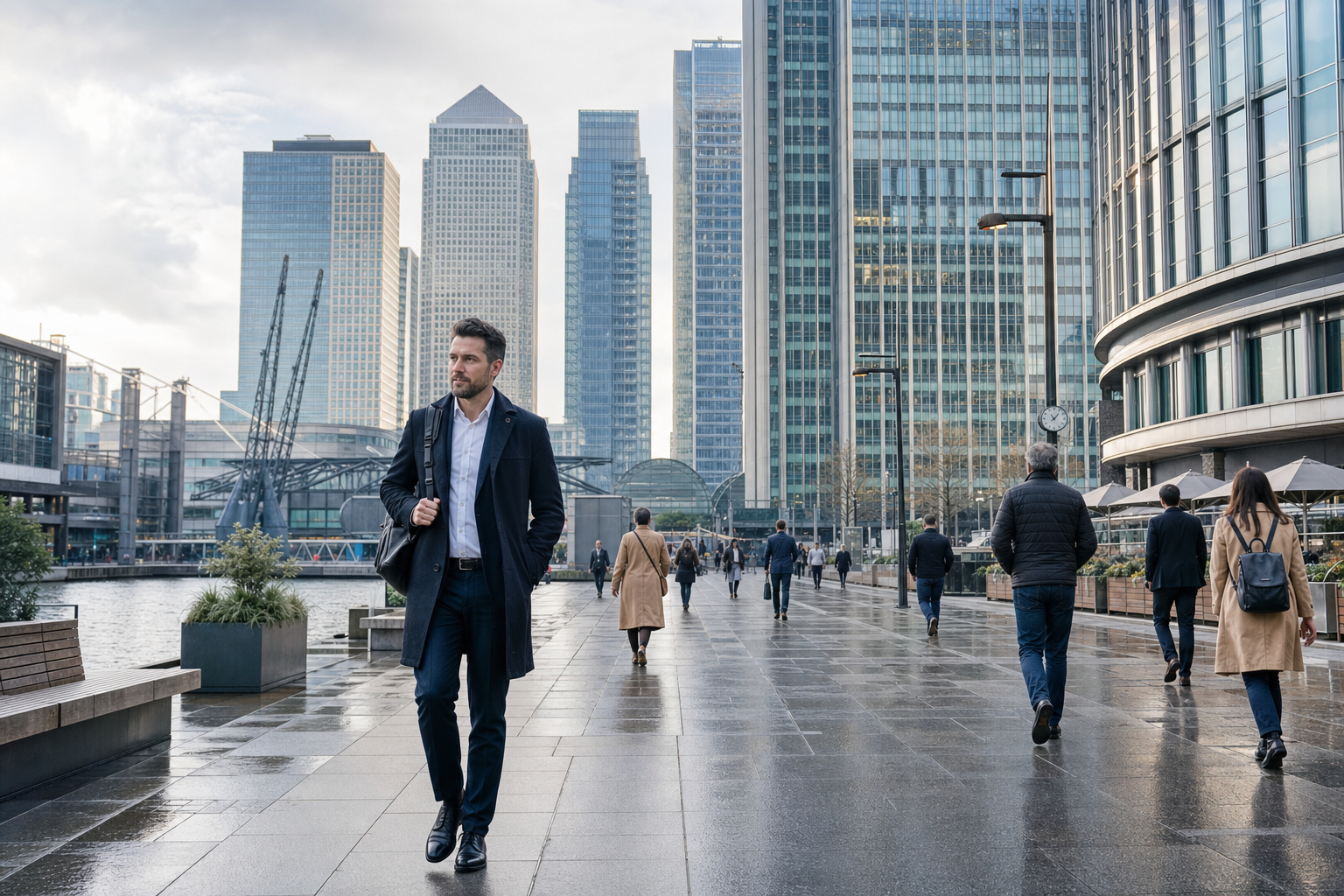 A man walks along a wet pavement in a busy business district with skyscrapers in the background.