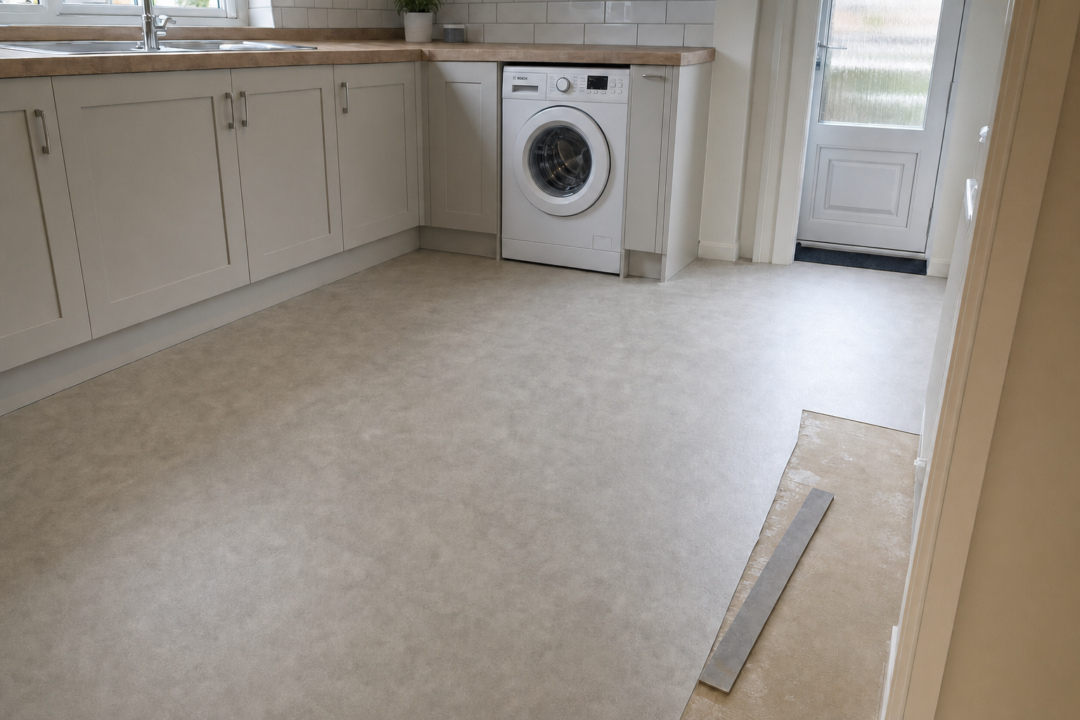 A kitchen with cream cabinets, a washing machine, and unfinished vinyl flooring next to a strip of underlay.