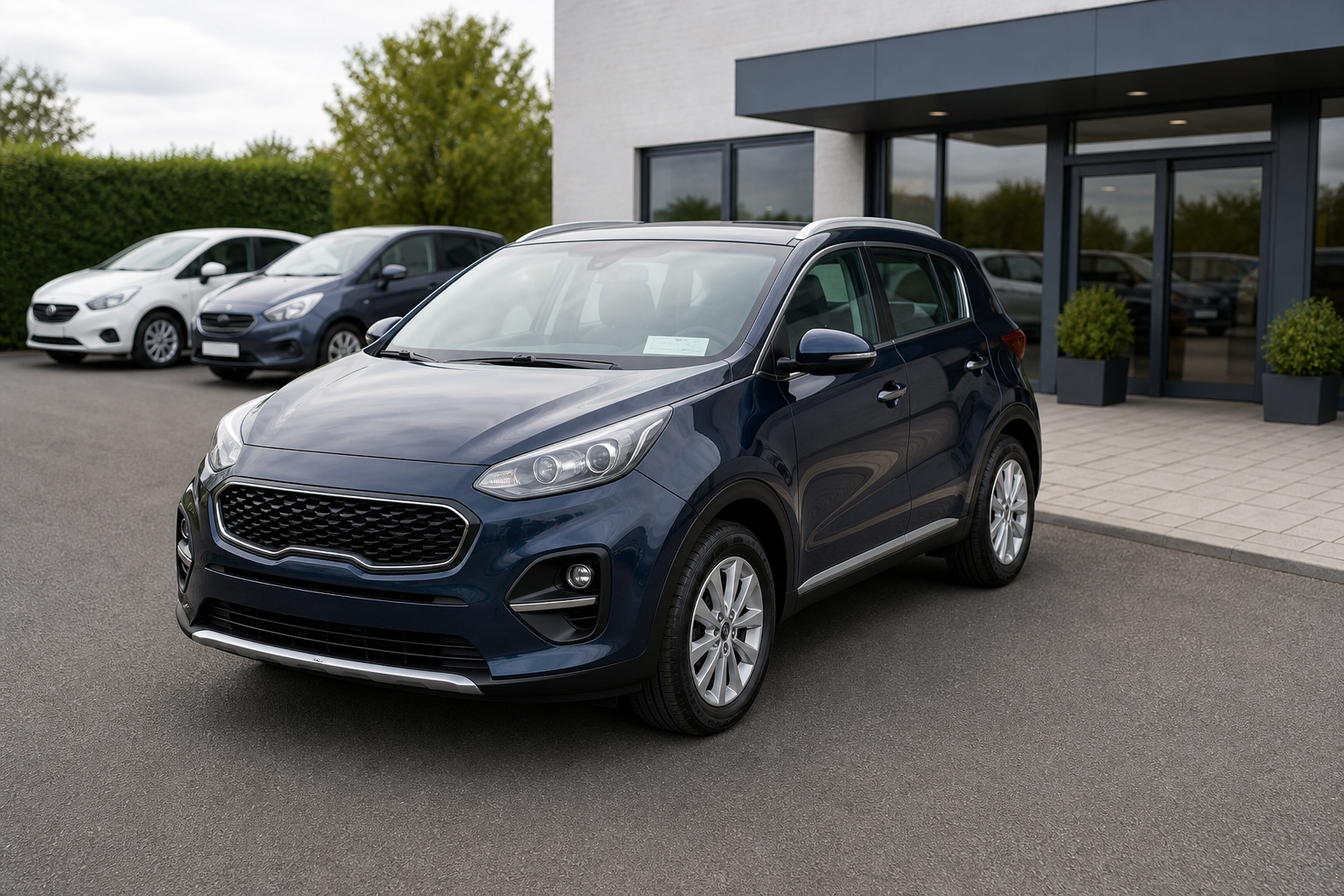 Blue SUV parked in front of a dealership with other cars in the background.
