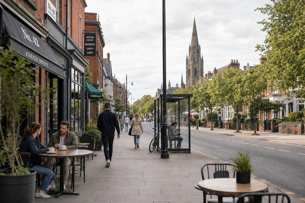 A bustling street with people enjoying coffee outside a café, a bus stop nearby, and a church spire in the background.