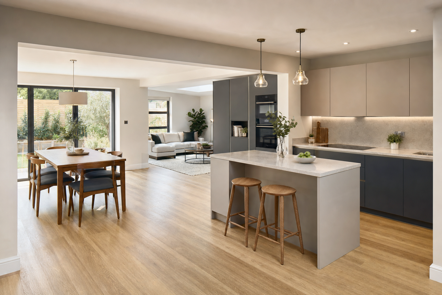 Modern open-plan kitchen and dining area with wooden flooring, grey cabinetry, and large windows overlooking a garden.