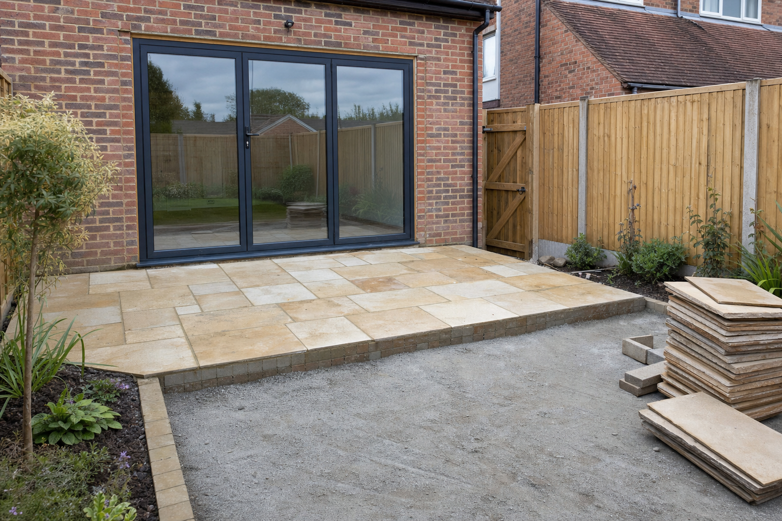 A newly paved garden patio with beige tiles, bordered by a wooden fence and sliding glass doors.
