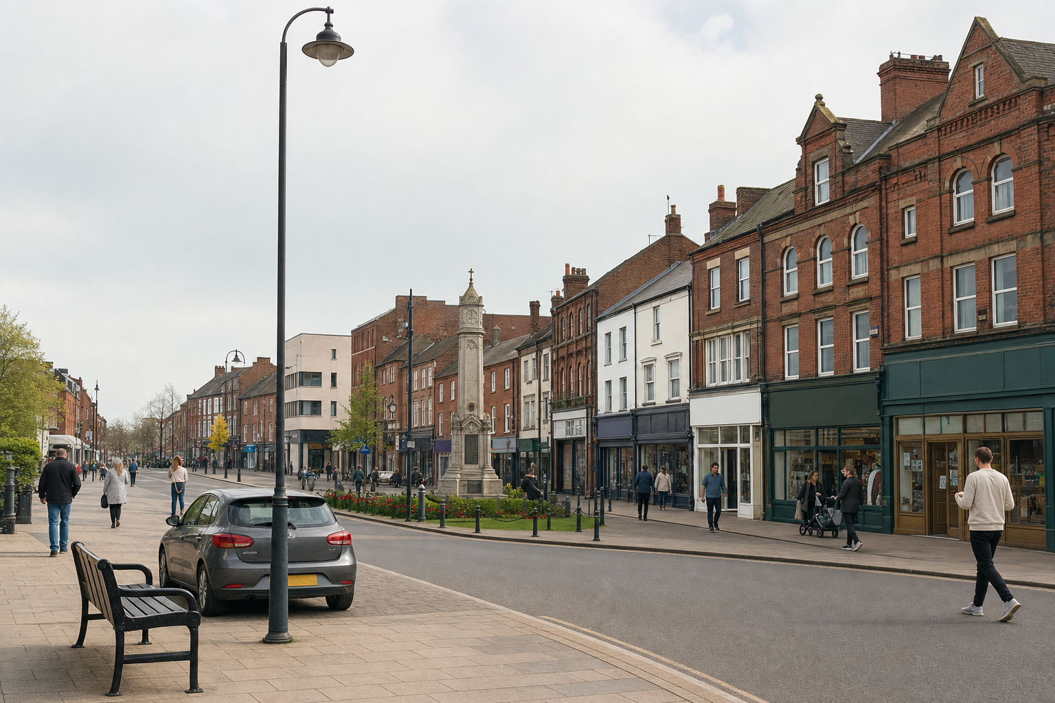 High street scene with red-brick buildings, a central war memorial, and pedestrians on a cloudy day.