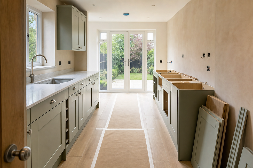 Newly renovated kitchen with grey cabinets, a white countertop, and large glass doors leading to a garden.