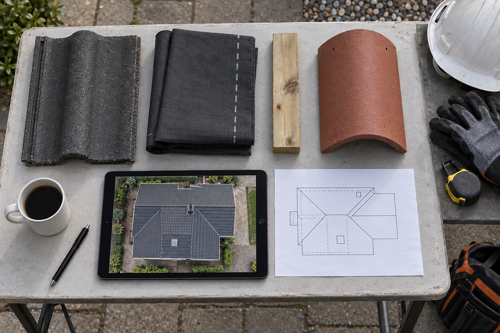 Construction materials and tools on a table with a blueprint and tablet displaying a rooftop view.