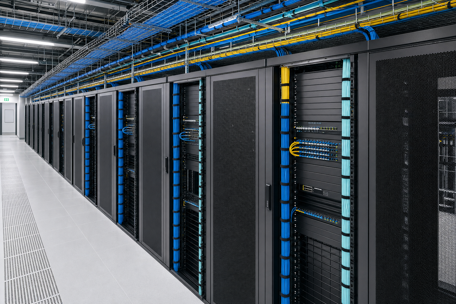 A row of black server racks in a modern data centre with blue and yellow wiring organised neatly.