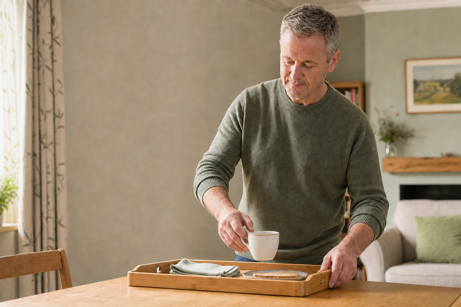 A man sets a tray with a cup and toast on a wooden table in a cosy living room.