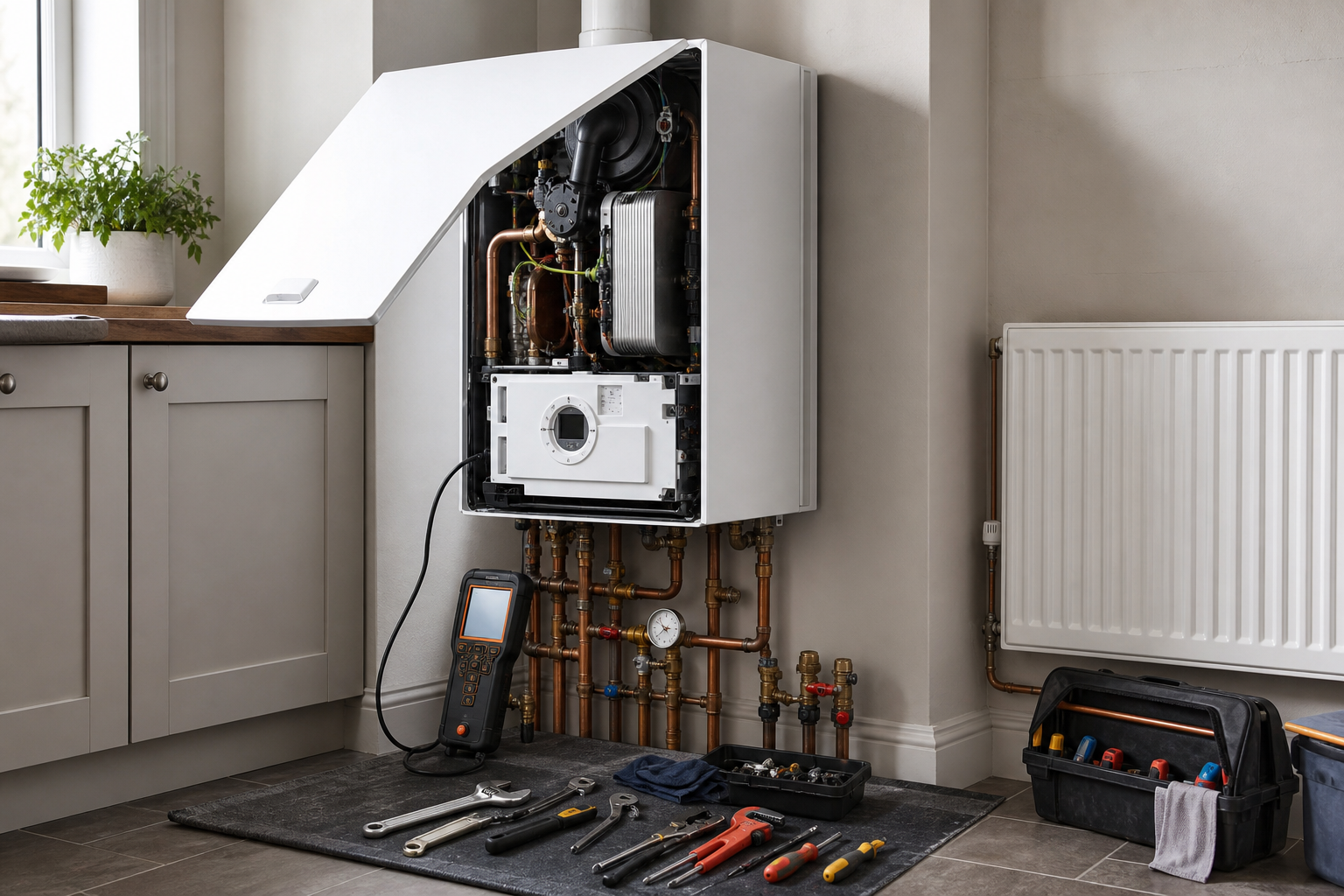 Open boiler with tools arranged on the floor near a radiator in a utility room.