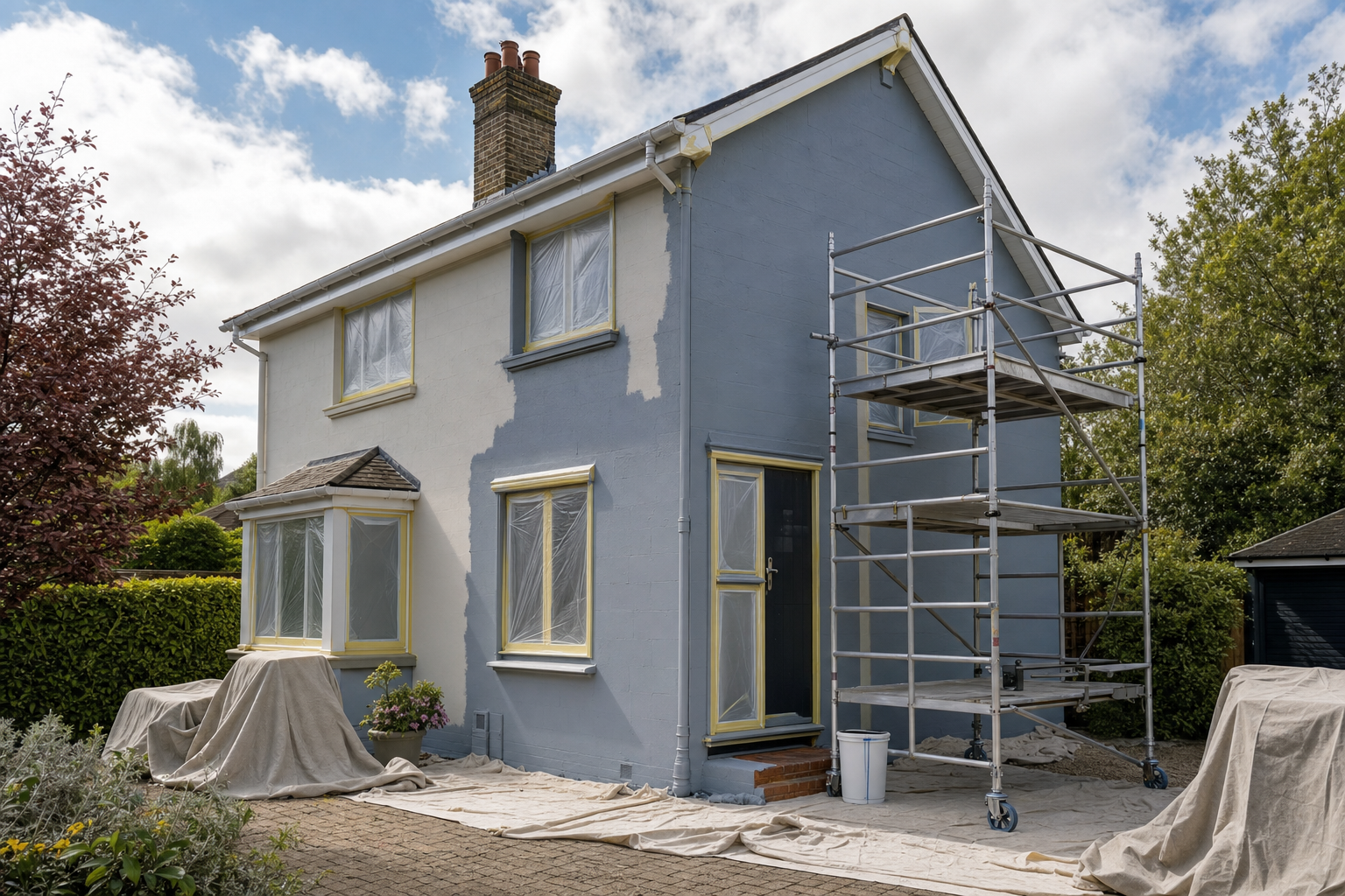 A house exterior partially painted in blue with scaffolding and surface preparation underway.