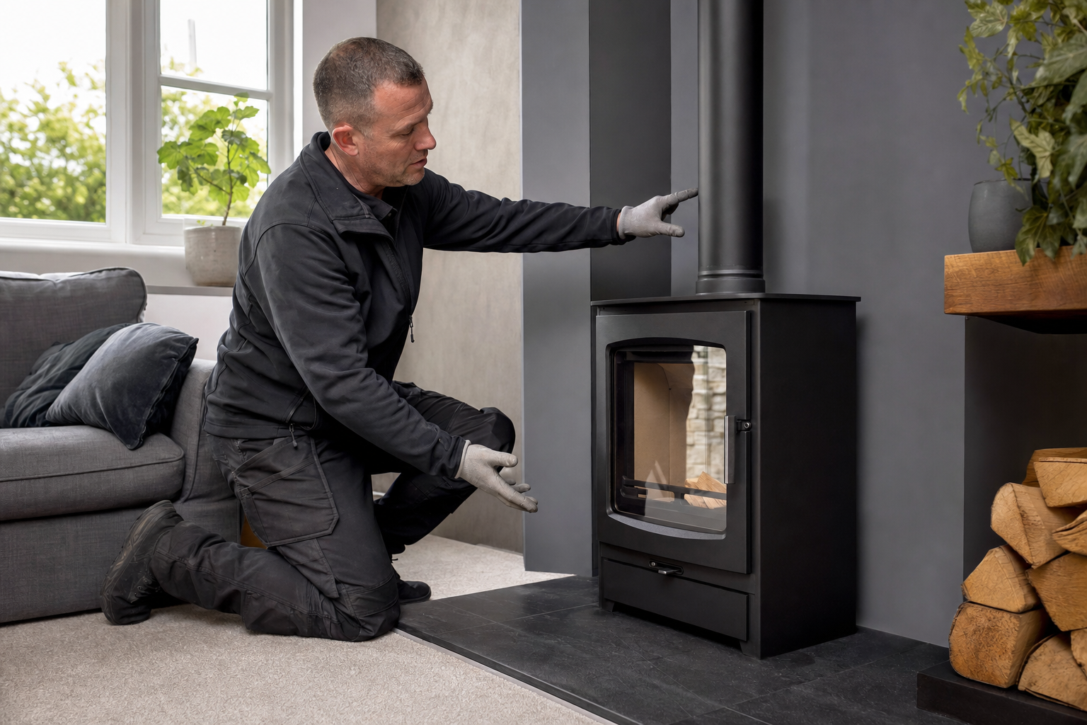 A man in work attire kneels and inspects a modern wood-burning stove in a cosy living room.