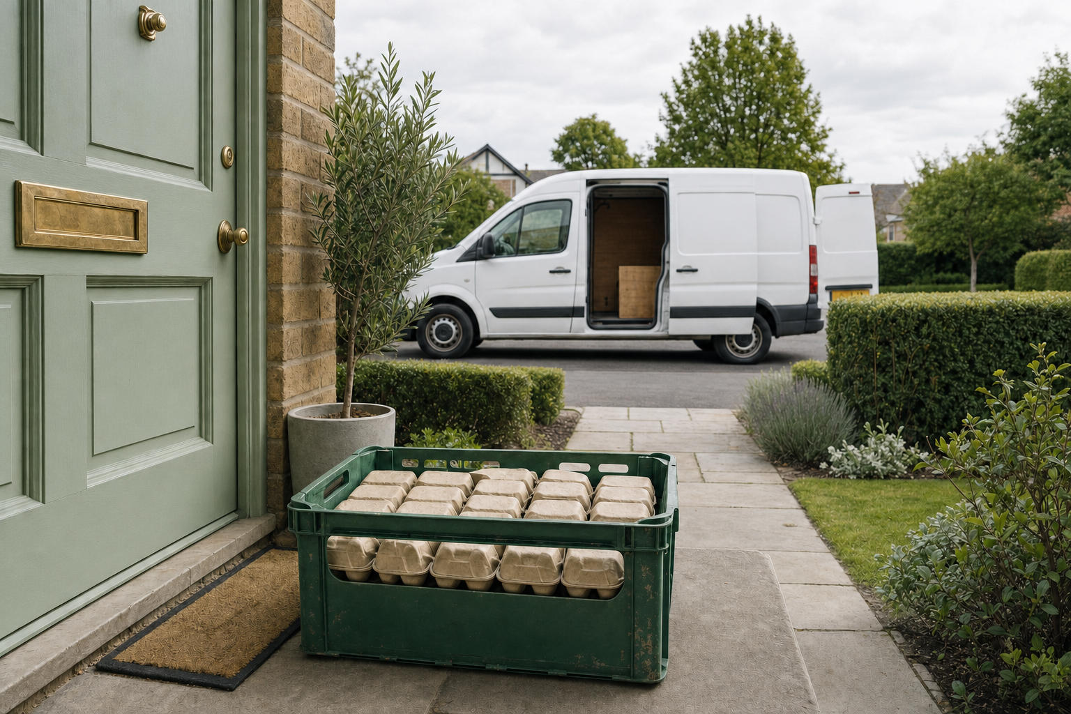 A delivery crate with cartons is placed by a green door, with a white van parked on the street in the background.