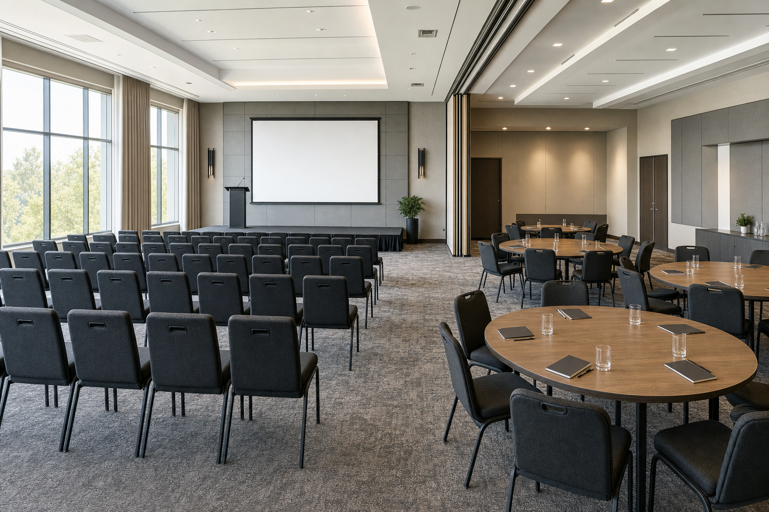 An empty conference room with rows of chairs, round tables, and a large projector screen at the front.