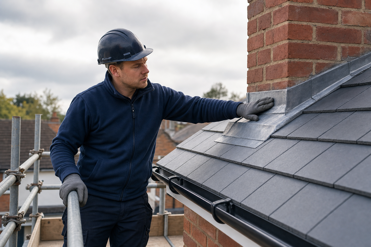 A construction worker wearing a hard hat inspects the flashing around a chimney on a tiled roof.