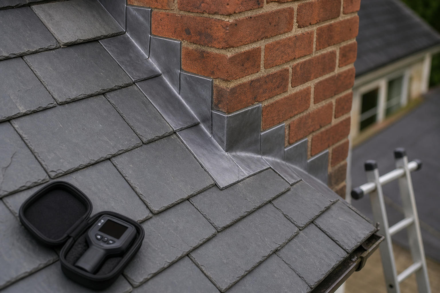 Slate roof with lead flashing around a brick chimney, featuring a digital device in an open black case.