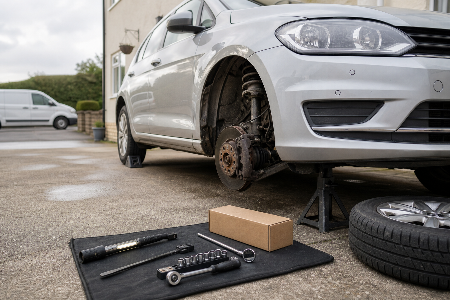 A car is lifted on a jack stand with its wheel removed, surrounded by tools on a mat in a driveway.