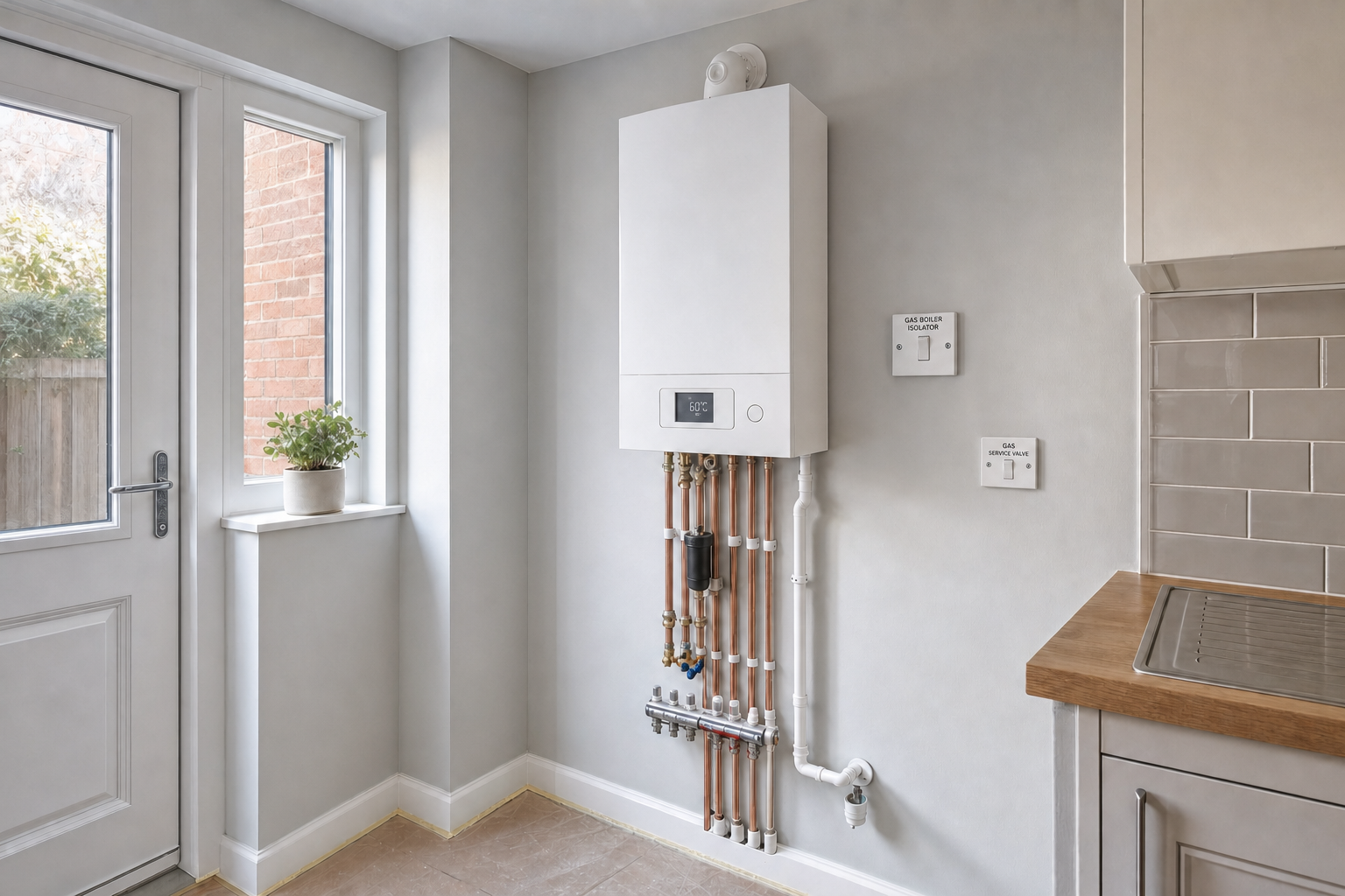 Modern white combi boiler installed in a kitchen corner above copper pipes and near a window with a potted plant.