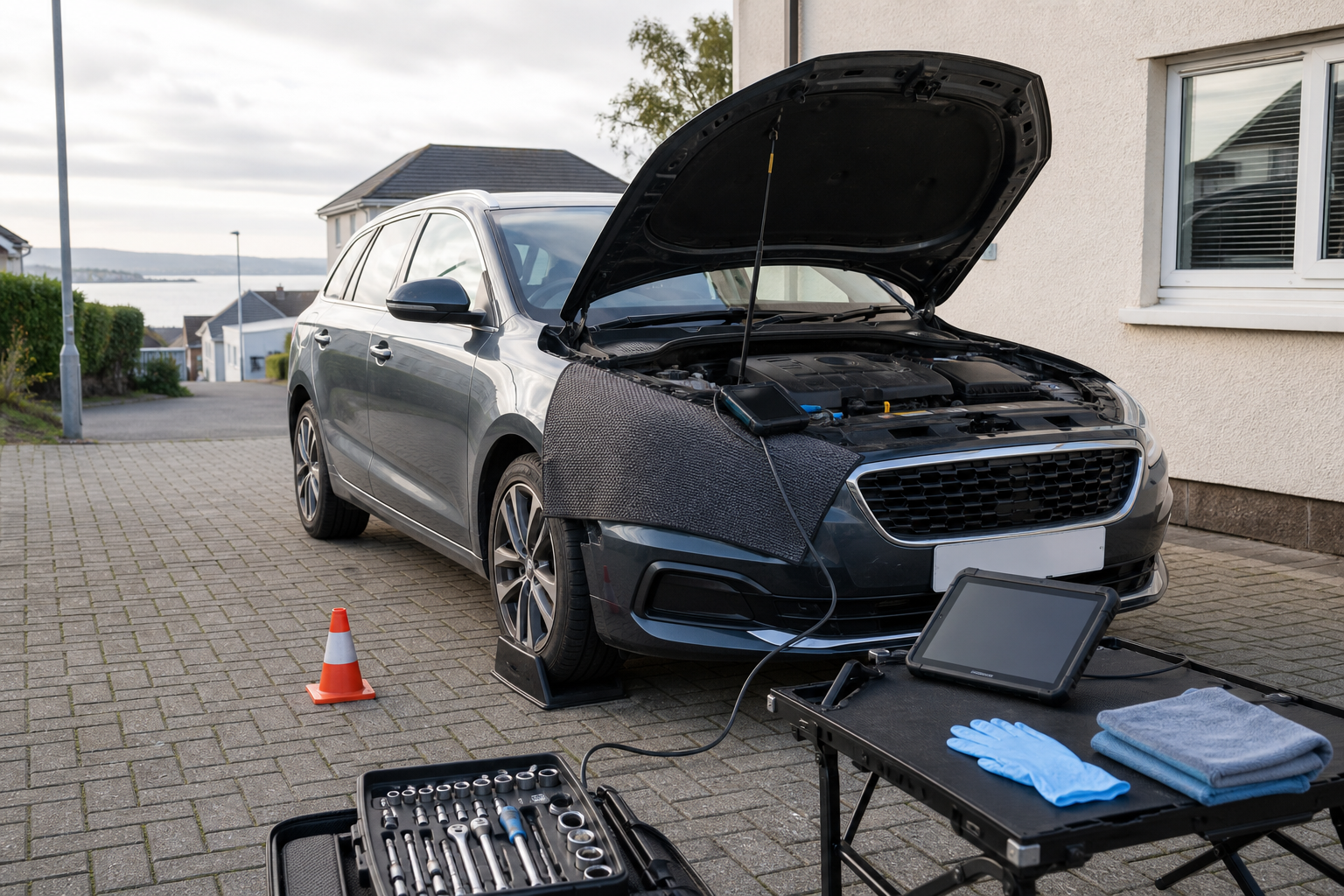 Car with hood open, tools, and diagnostic equipment on driveway.
