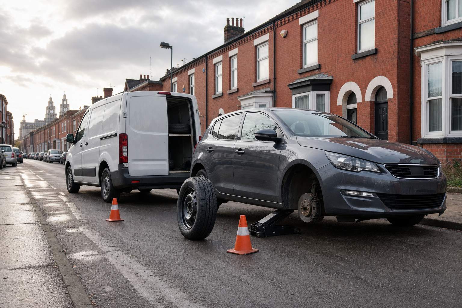 A grey car with a missing wheel is jacked up on a residential street, with a white van parked behind it.