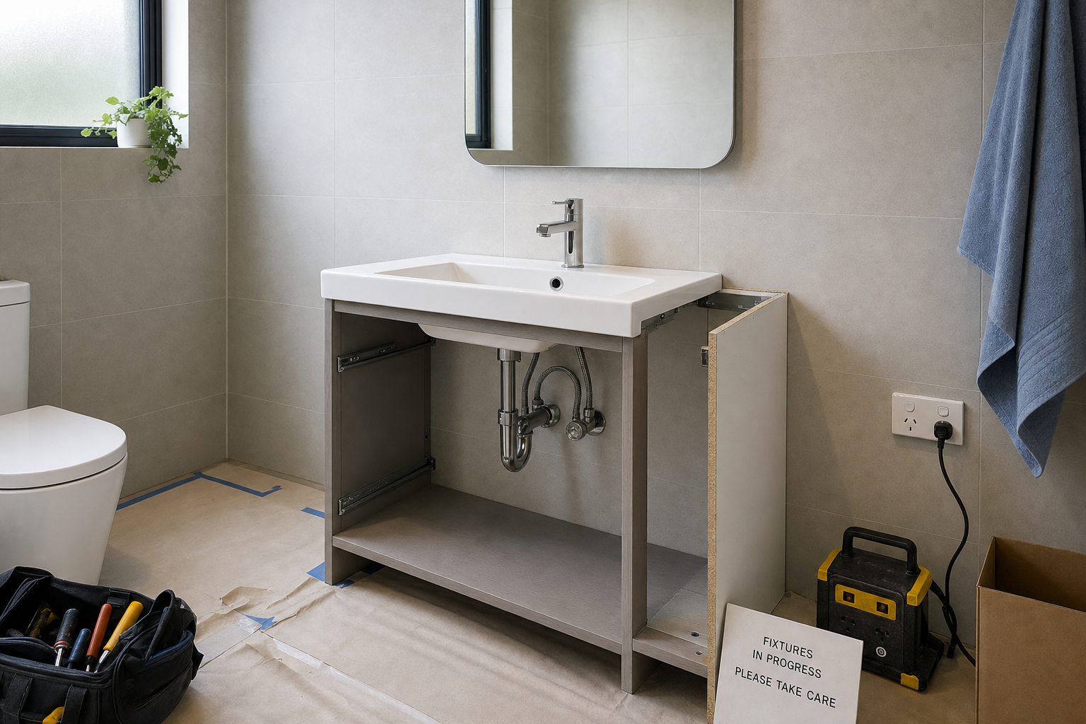 Bathroom under renovation with an open sink cabinet, tools, and a caution sign.