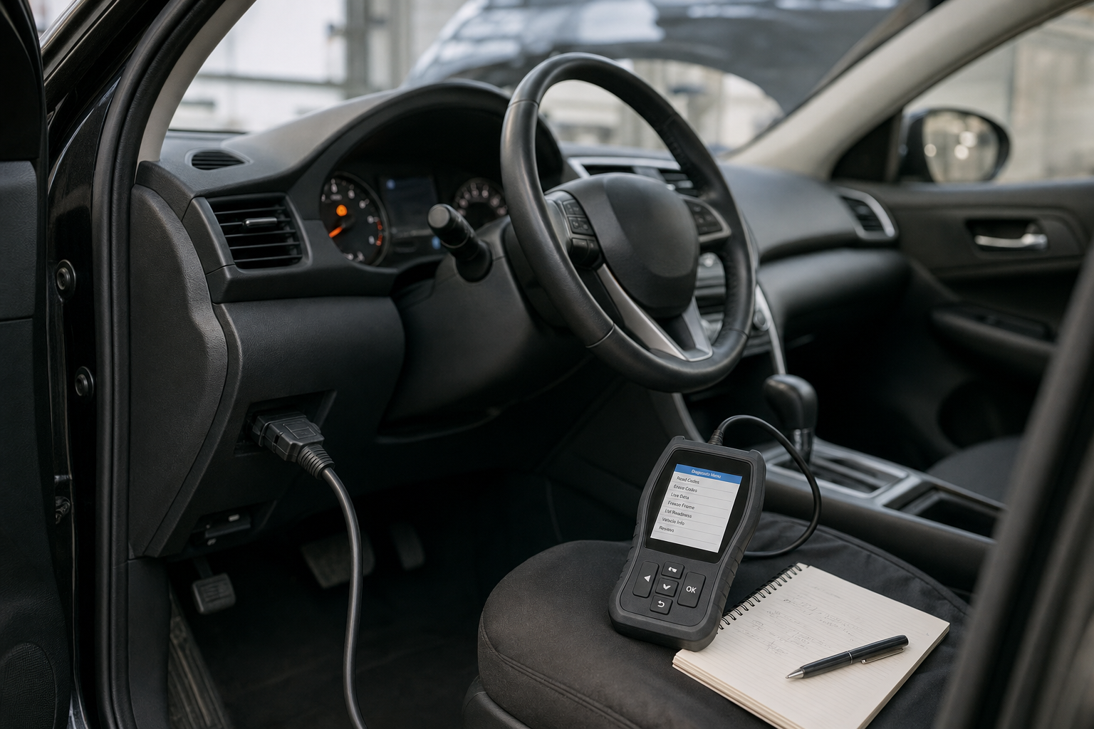 Car diagnostic tool plugged into the dashboard with a notebook and pen on the passenger seat.