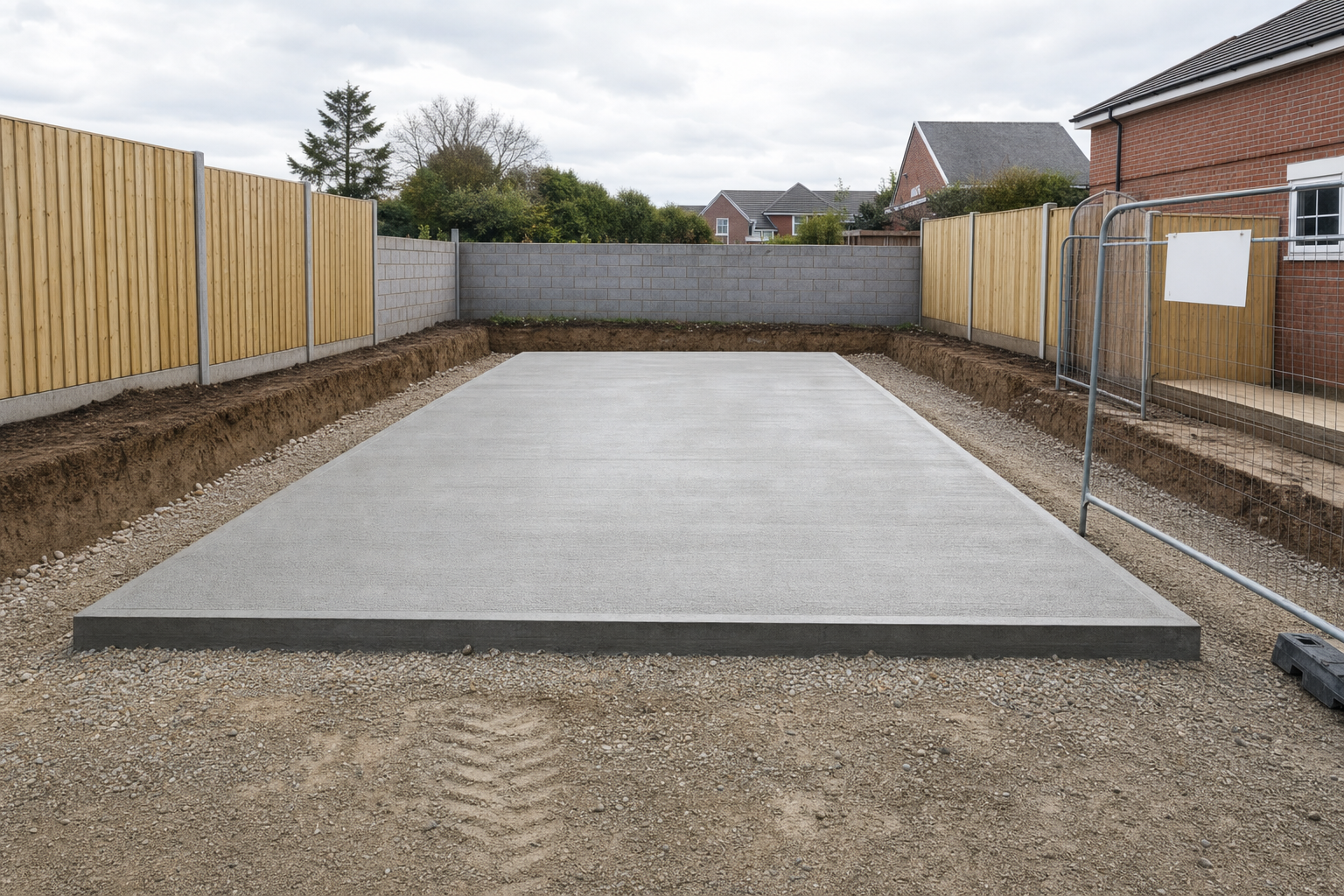 Freshly poured concrete foundation in a fenced residential garden, surrounded by wooden and brick fences.