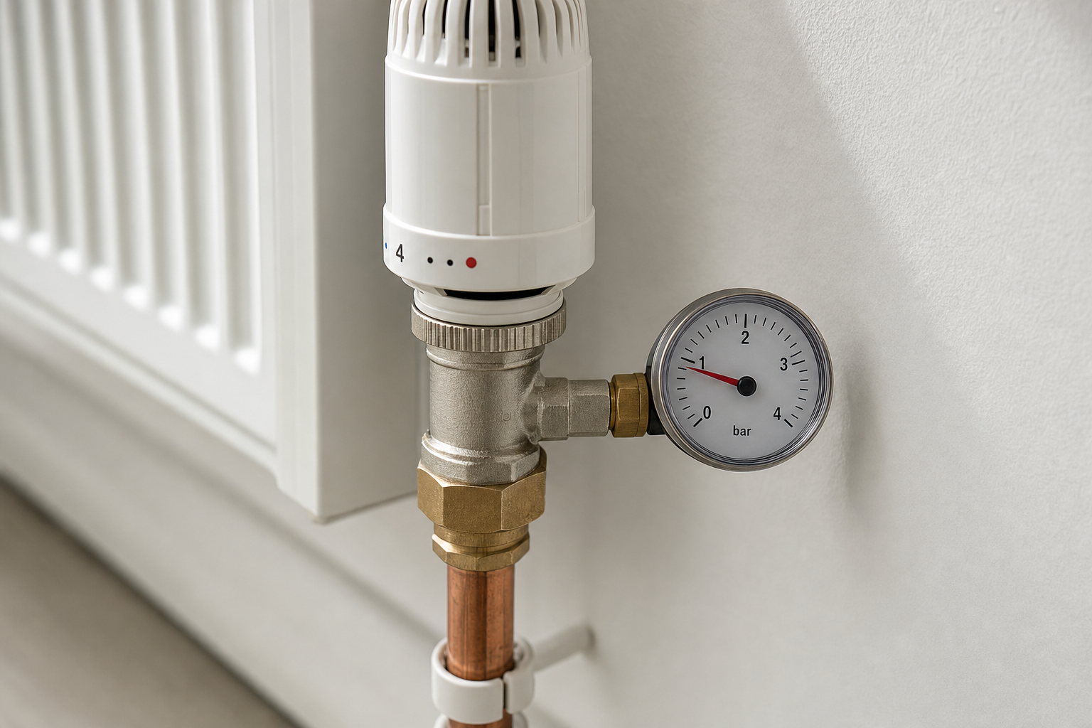 Close-up of a radiator valve with a pressure gauge showing a reading of around 1.5 bar.