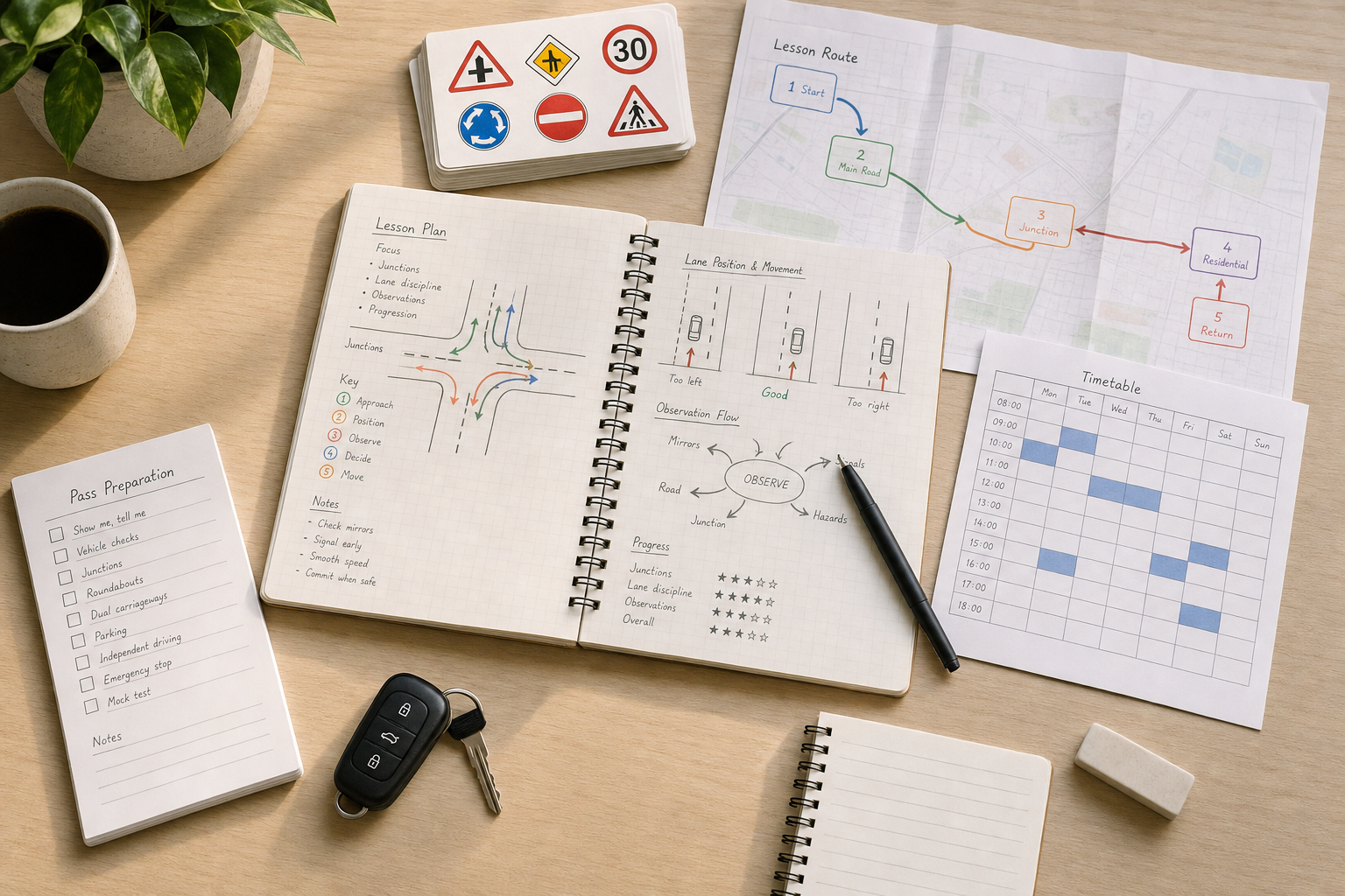 Driving lesson materials arranged on a table, including notes, route map, timetables, and car keys.