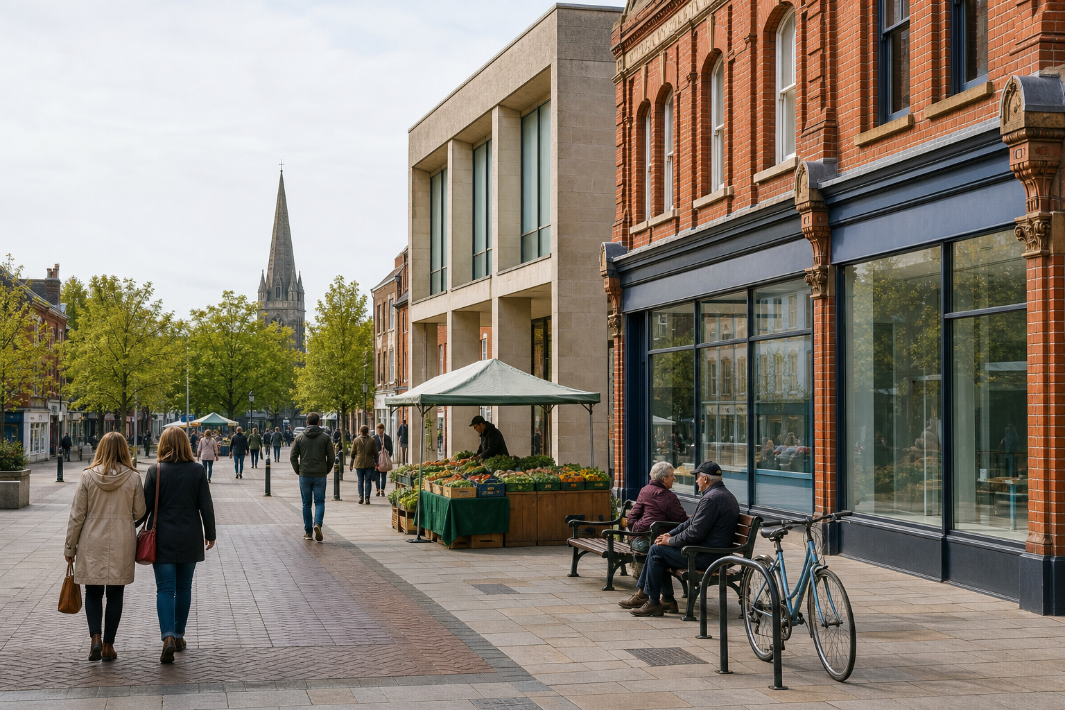 A bustling pedestrian street with shoppers, a fruit stall, and a church spire in the background.