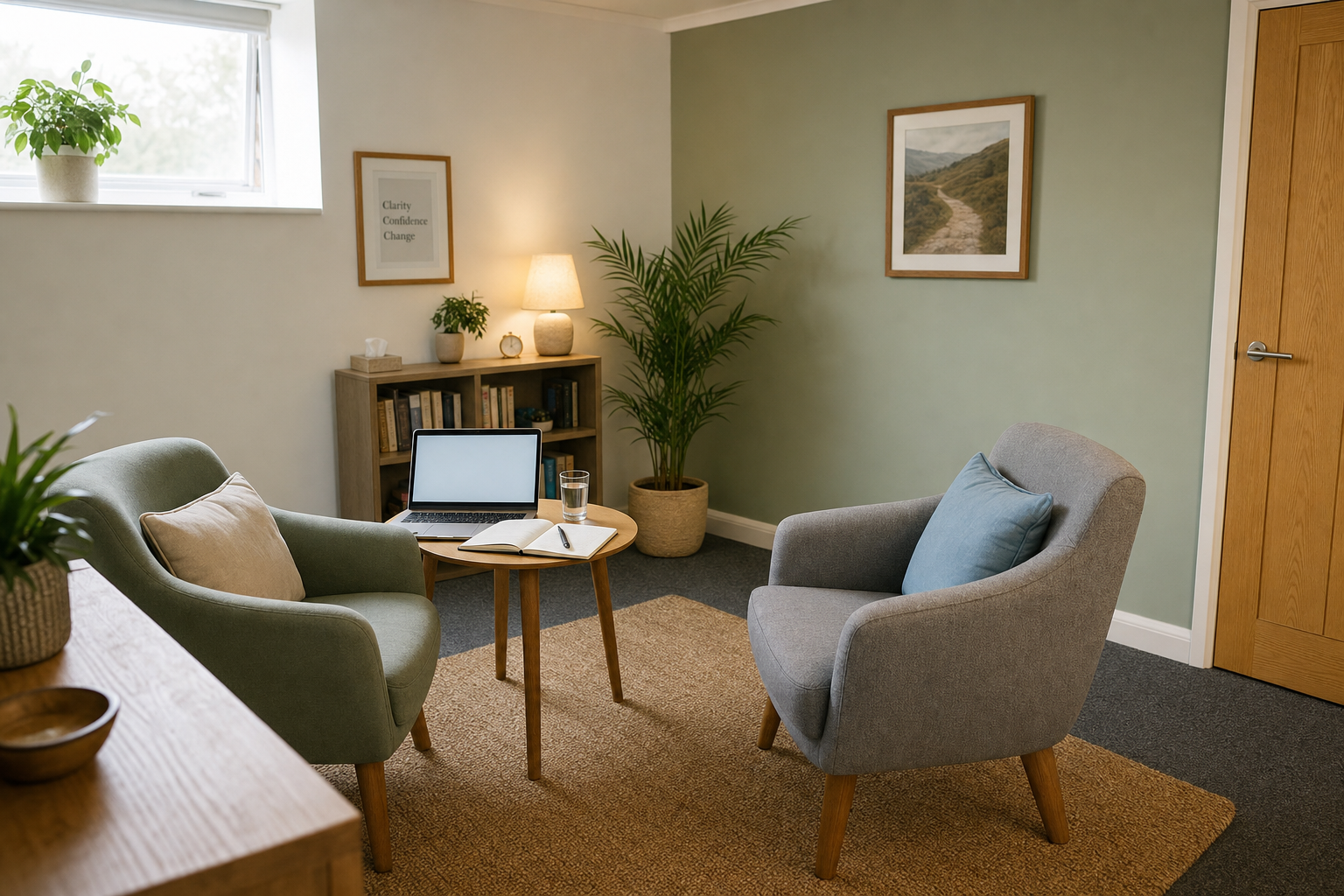 A cosy, well-lit counselling office with two armchairs, a small table, a laptop, and decorative plants.
