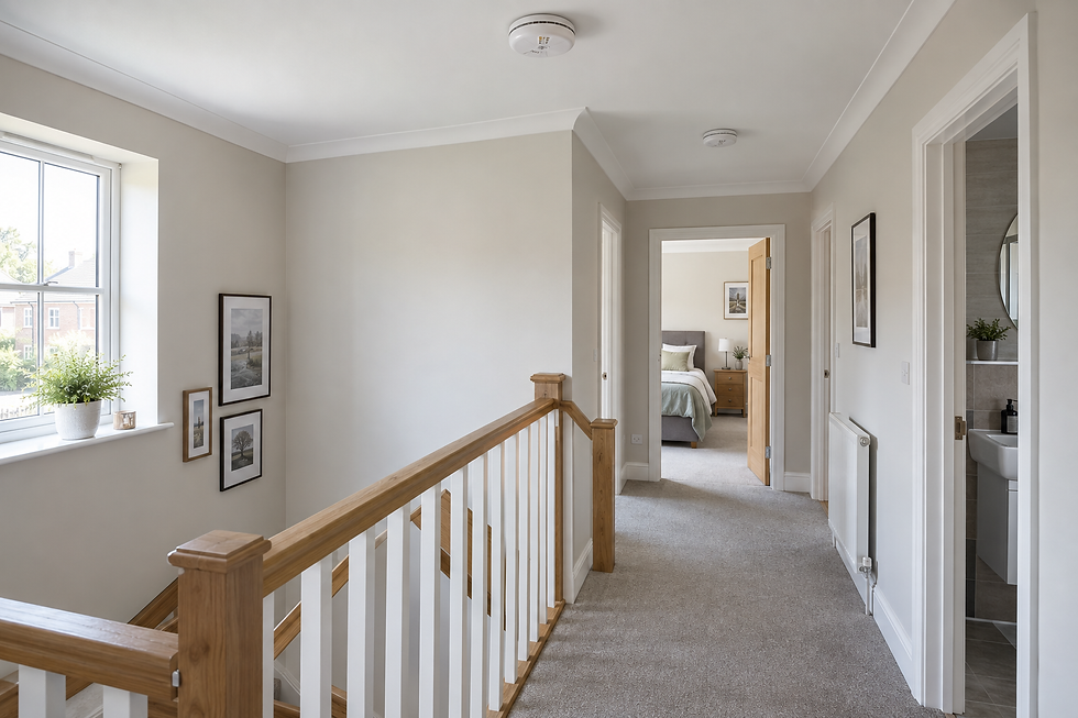 Upstairs hallway with cream walls, light carpet, and a view into a bedroom featuring a neatly made bed.