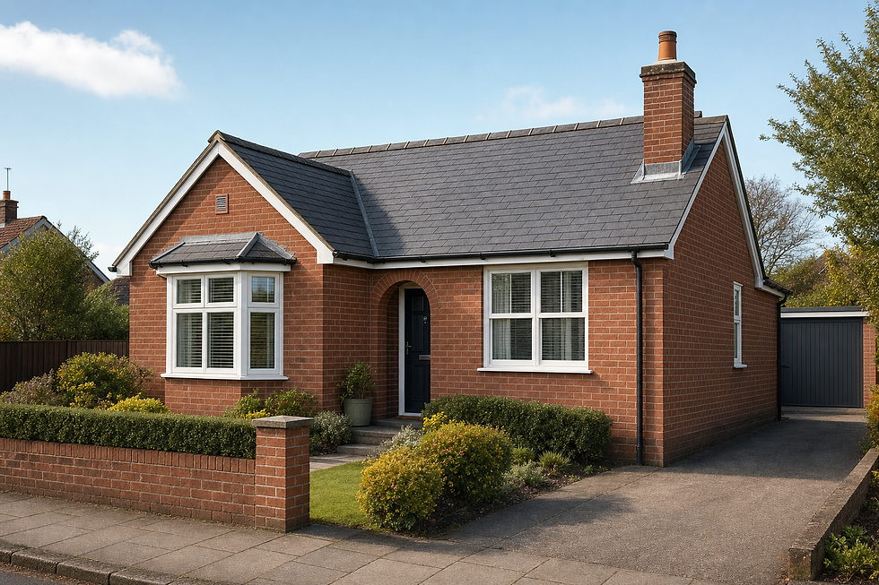 A well-maintained red-brick bungalow with a grey slate roof and neat front garden.