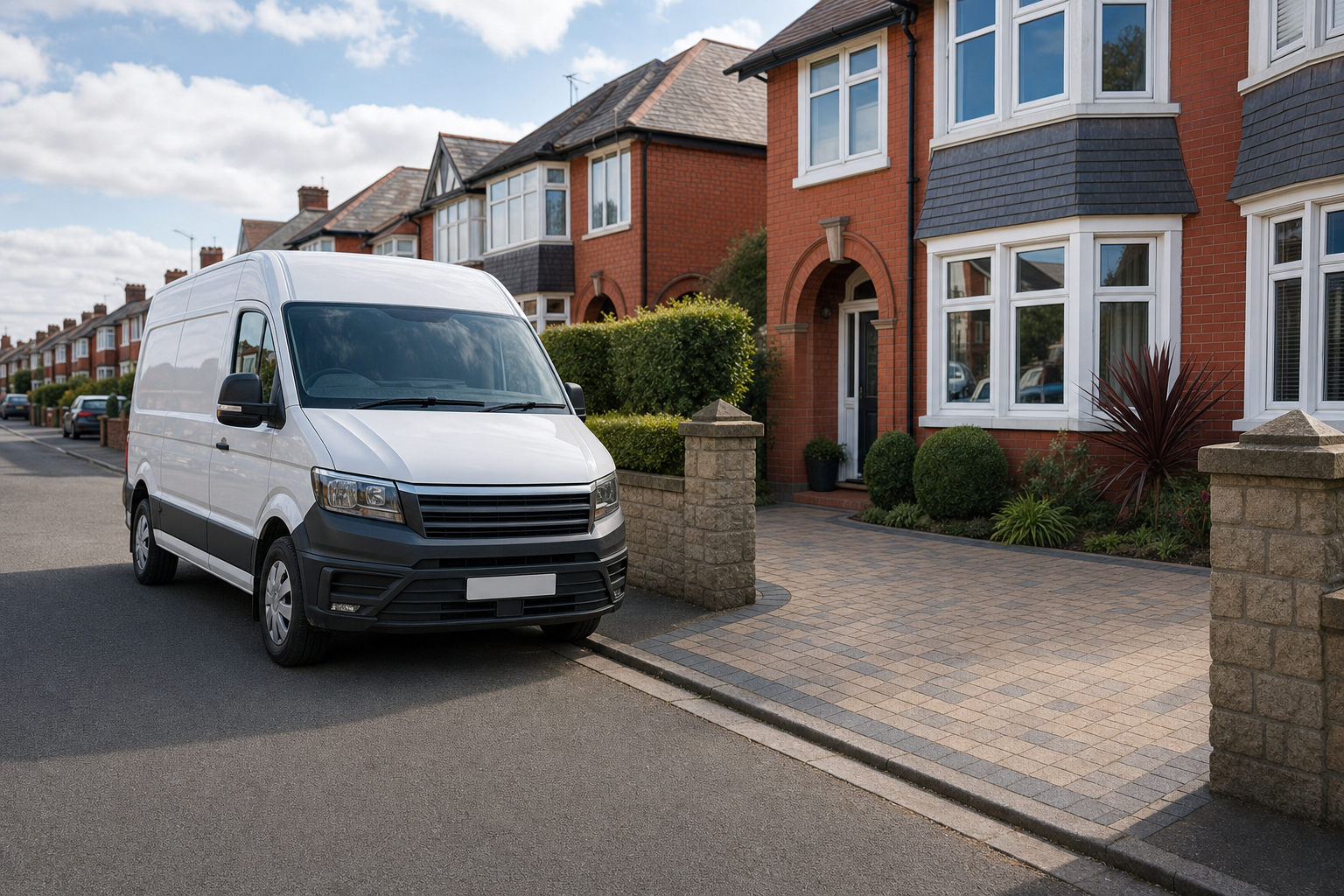 A white delivery van parked on a suburban street in front of brick houses with manicured gardens.