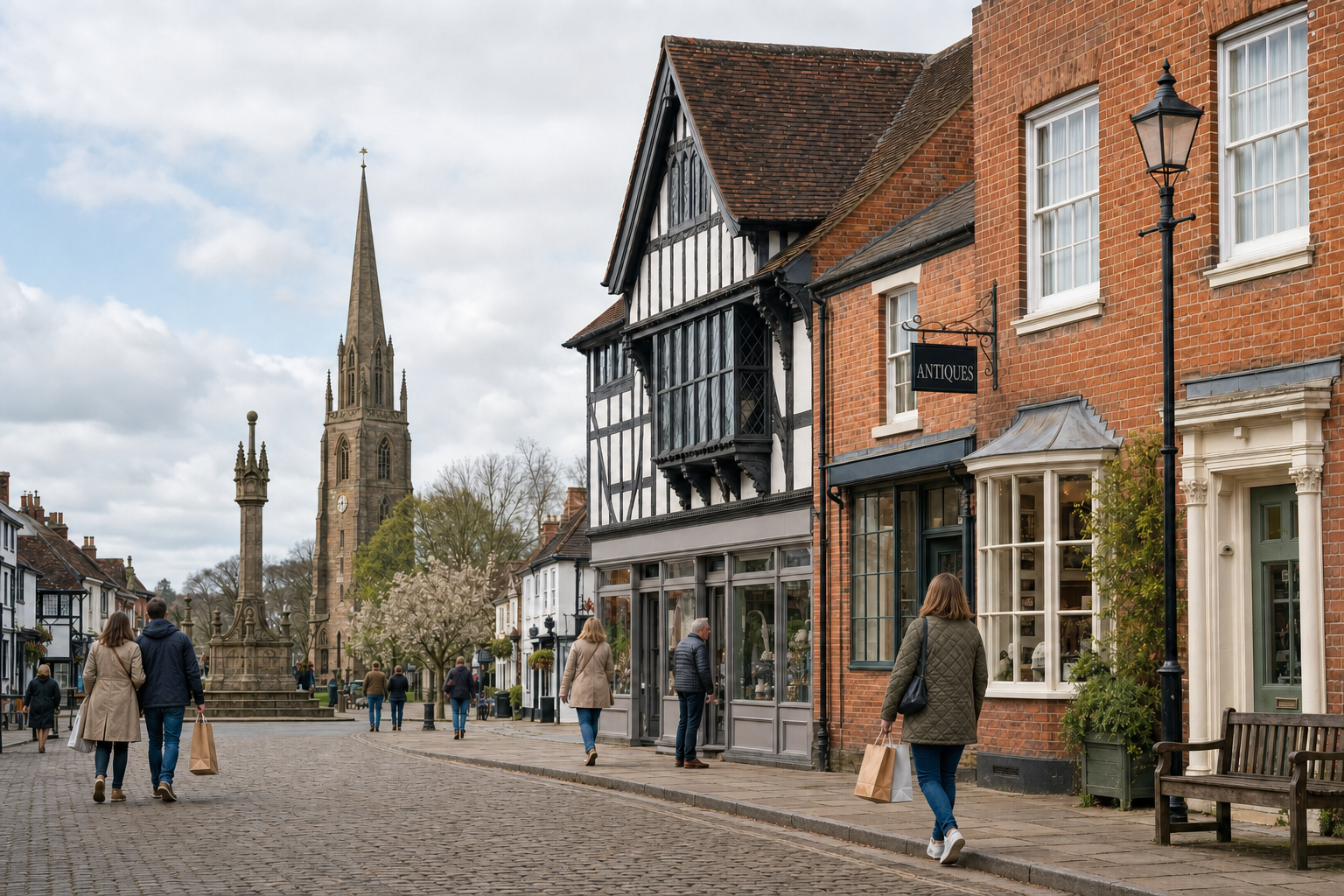 People stroll down a cobblestone street lined with quaint shops, with a church steeple visible in the background.