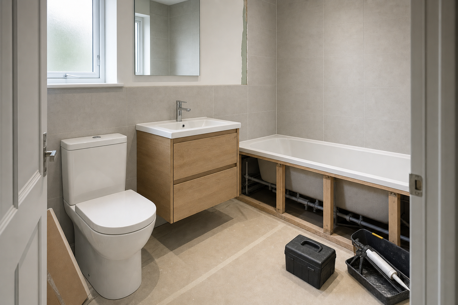 Bathroom under renovation with an exposed bathtub frame, new toilet, and modern sink unit.