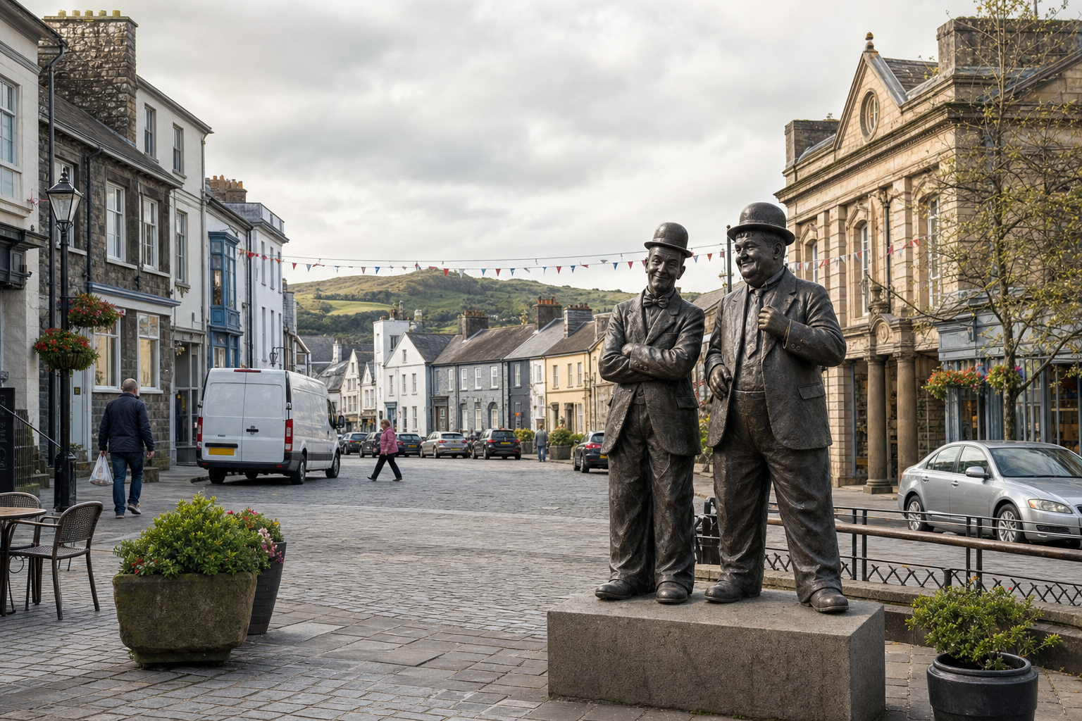 Statue of two men in bowler hats in a quaint town square with stone buildings and hills in the background.