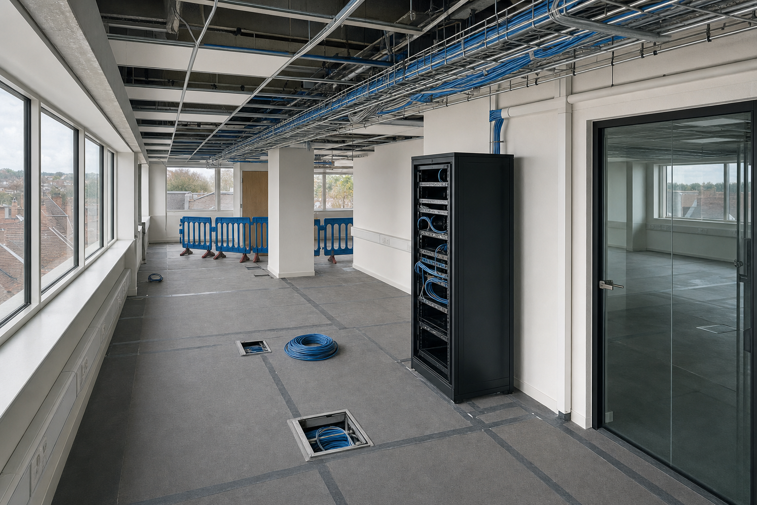 A server room under construction with exposed cables and floor panels, featuring large windows and blue safety barriers.