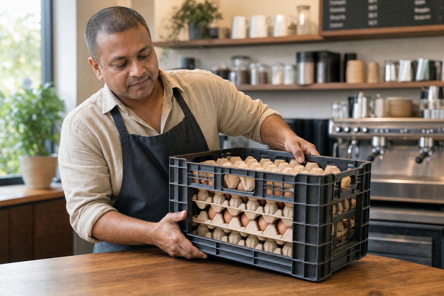 Man in an apron holds a crate of eggs in a café setting with shelves and plants in the background.
